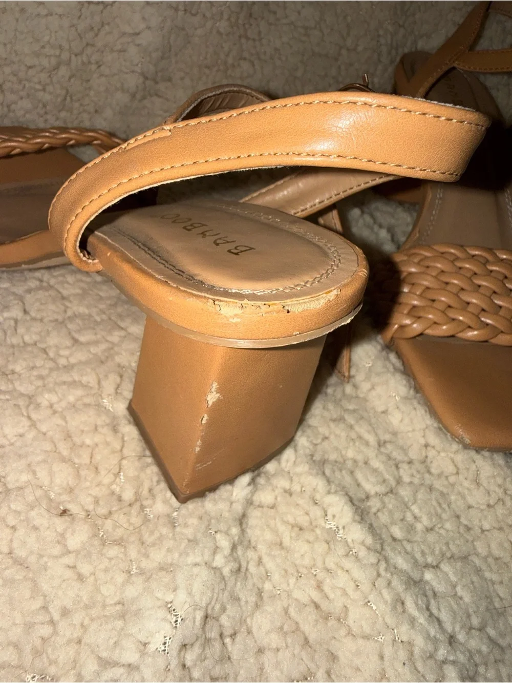 Bamboo Braided Strap Tan Block Heel Sandals - Women's